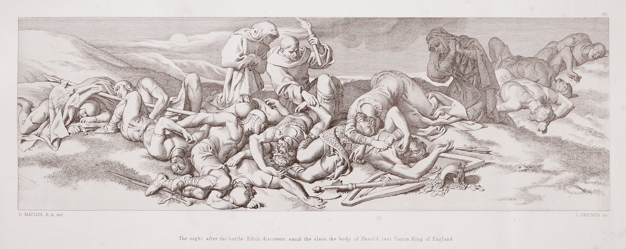 Noc po bitvě objeví Edith uprostřed zabitých tělo Harolda, posledního saského krále Anglie, z „Příběhu normanského dobytí“, vyryl L. Gruner, 1866 od Daniel Maclise