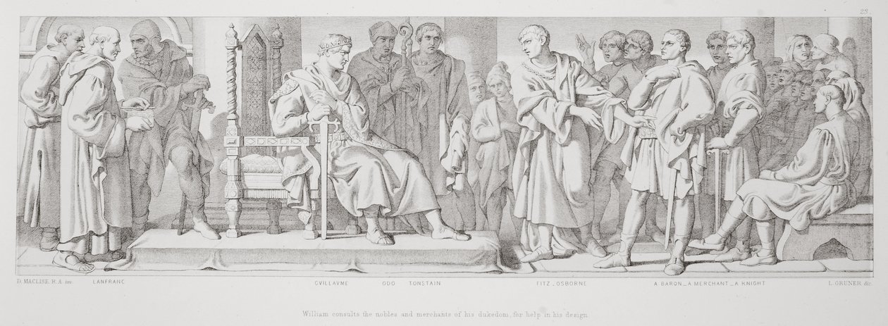 William se radí se šlechtici a obchodníky svého vévodství o pomoc při jeho návrhu, z „Příběhu normanského dobytí“, vyryl L. Gruner, 1866 od Daniel Maclise