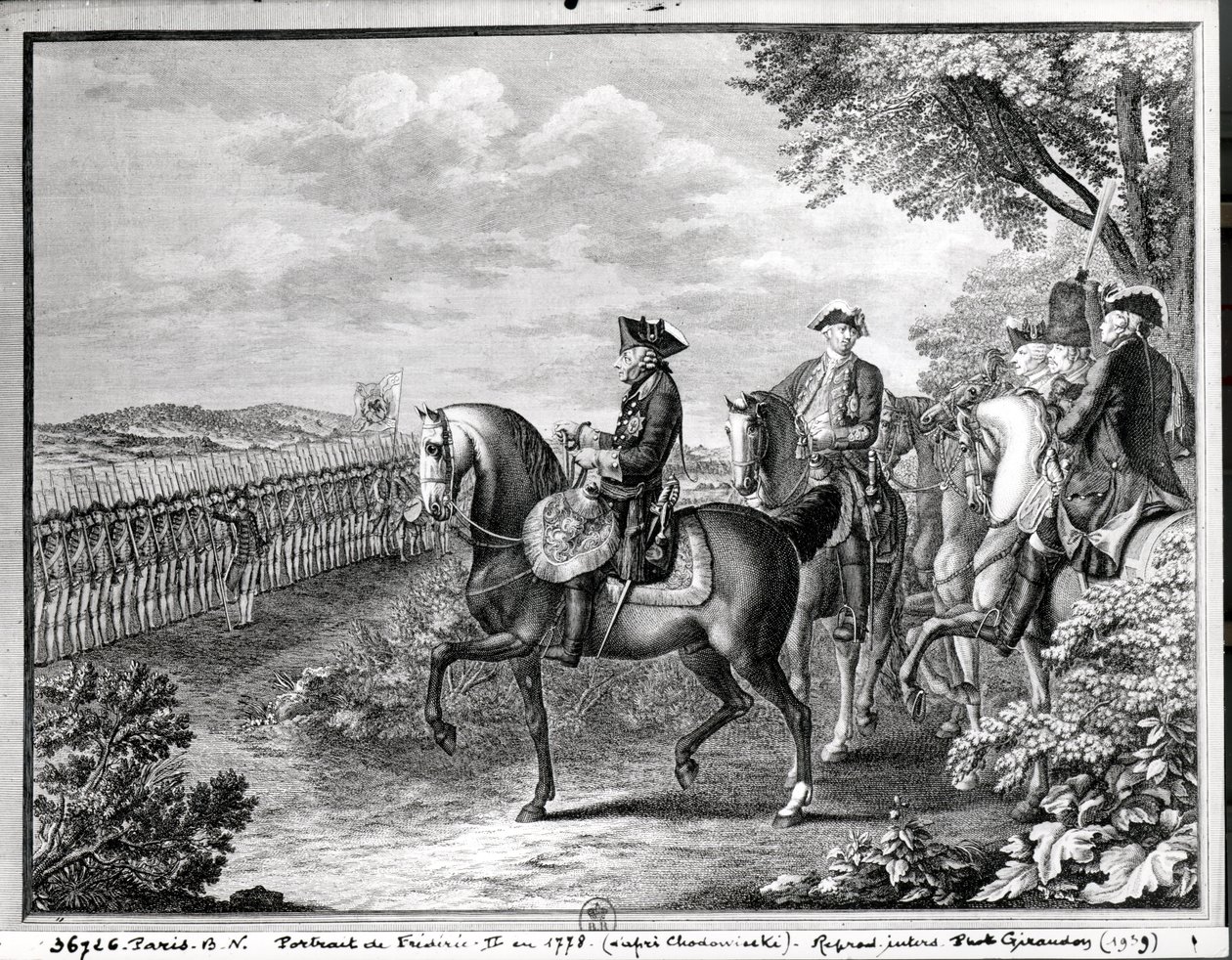 Pruský král Fridrich II. (1712-86) hodnotí vojska v roce 1778 od Daniel Nikolaus Chodowiecki