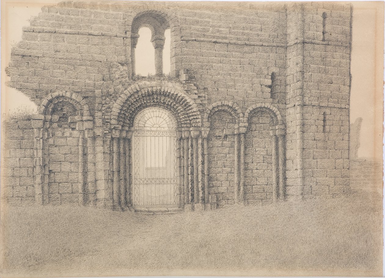 Lindisfarne Priory, West Front, cca 1916 (uhlí na kartě) od Daniel Oliver
