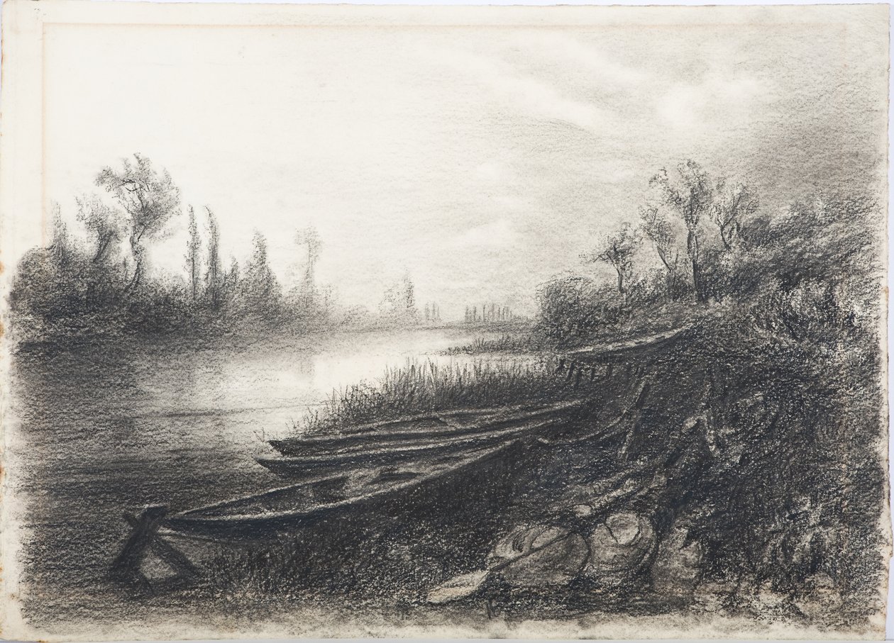 River Scene with Boats, cca 1916 (uhl na papíře) od Daniel Oliver