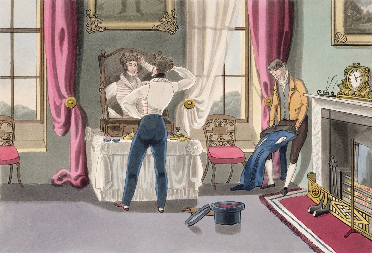 Nedbalost, deska 1 z „Necessary Qualifications of a Man of Fashion“, vydané v roce 1823 (ručně kolorovaná akvatinta) od Daniel Thomas Egerton