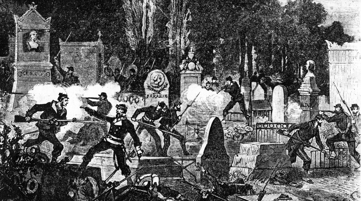 Poslední bitva u Pařížské komuny na hřbitově Pere Lachaise, vyryla Louis Joseph Amedee Daudenarde, z „Le Monde Illustre“, 1871 od Daniel Urrabieta Vierge