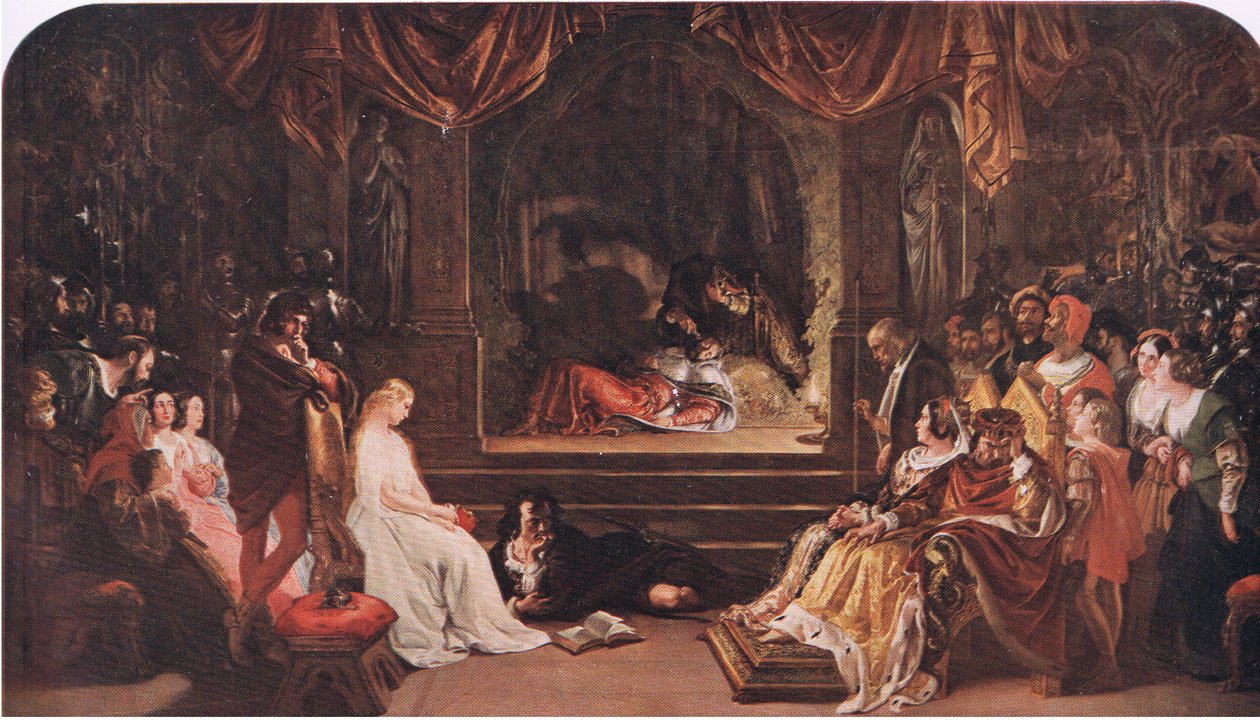 Hamlet a hráči (Hamlet) „Otrávil jsem ho já zahradou pro stát“, z The Complete Works of William Shakespeare pub. od J Coker & Co Ltd (barva litho) od Daniel Maclise