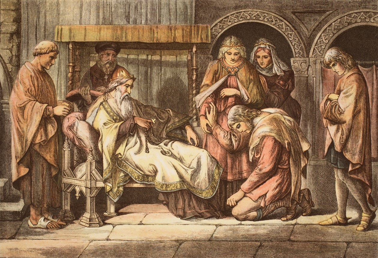 Harold, vracející se z Normandie, se představuje Edwardu Vyznavači, vyryto JD Cooperem (barevná rytina) od Daniel Maclise