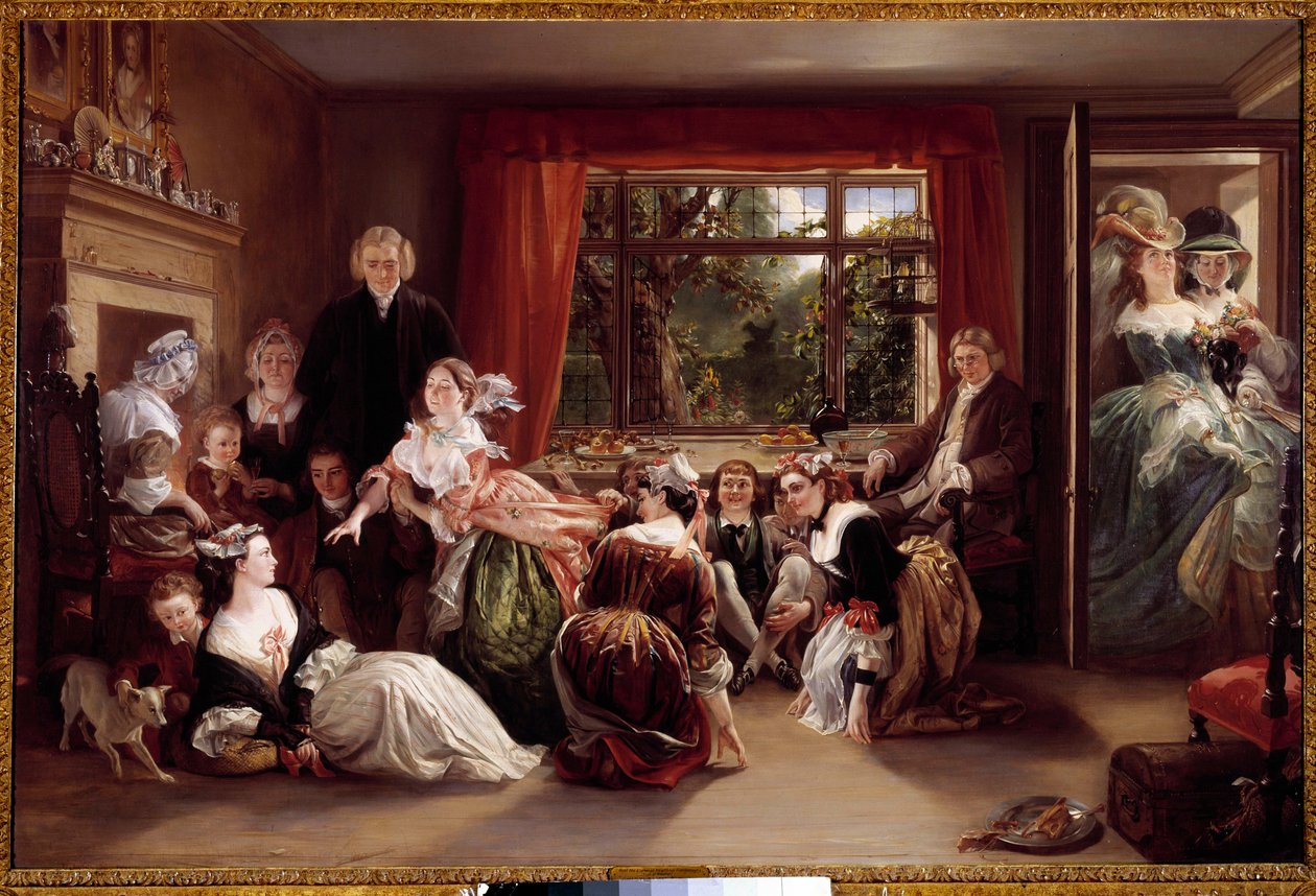 Hra na lov pantoflí Herní scéna v anglickém buržoazním interiéru. Obraz Daniela Maclise (1806-1870) 19. století Soukromá sbírka od Daniel Maclise
