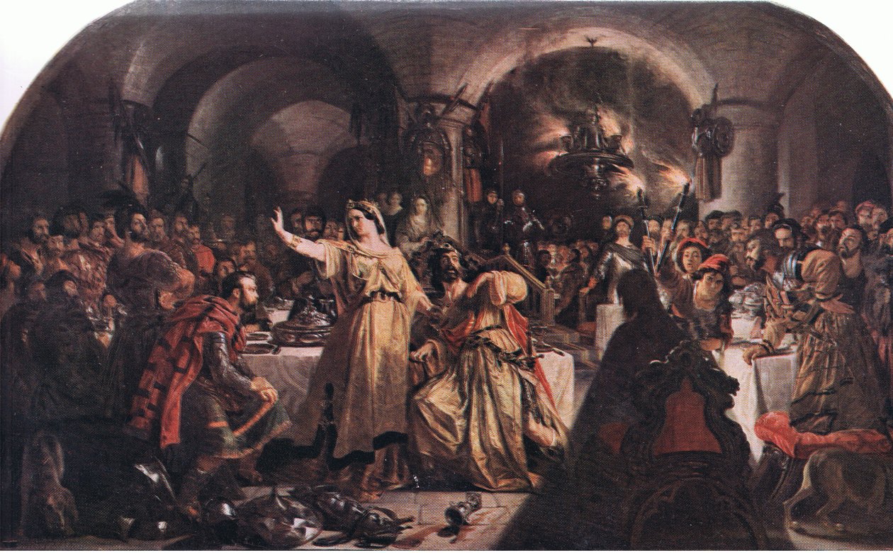 Duch Banquo (Macbeth) "Prithee, podívej se tam! hle! podívej! Hle! How say you?", z The Complete Works of William Shakespeare pub. by J Coker & Co Ltd (barevné lito) od Daniel Maclise