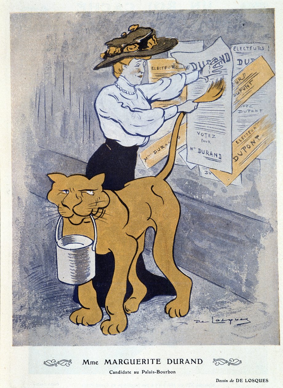 Marguerite Durandová lepí svůj volební plakát, ilustrace z 