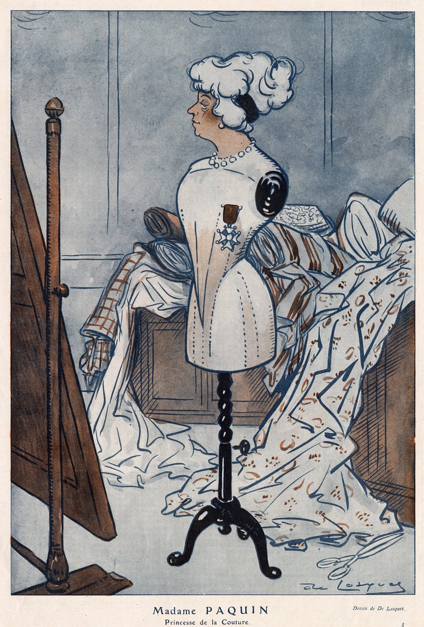 Madame Jeanne Paquin (1869-1936), francouzská couturiere, reprezentovaná křížem Čestné legie, který právě získala - ilustrace Daniel De Losques (Henri Casimir Paul Thouroude dit) (1880-1915) ve „“Fantasio““ z roku 1913 od Daniel de Losques