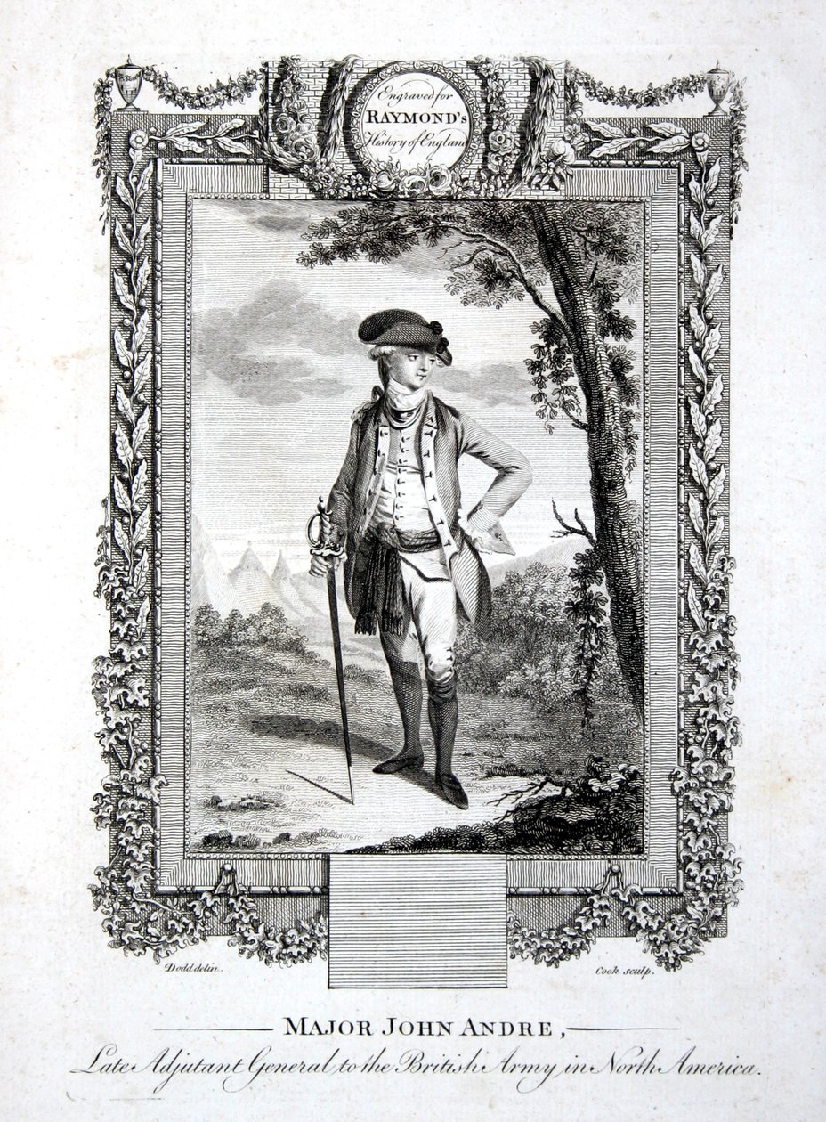 Major John Andre, pozdní generál pobočníka britské armády v Severní Americe, vyryto Thomasem Cookem (1744-1818) c.1785 (rytina) od Daniel (after) Dodd