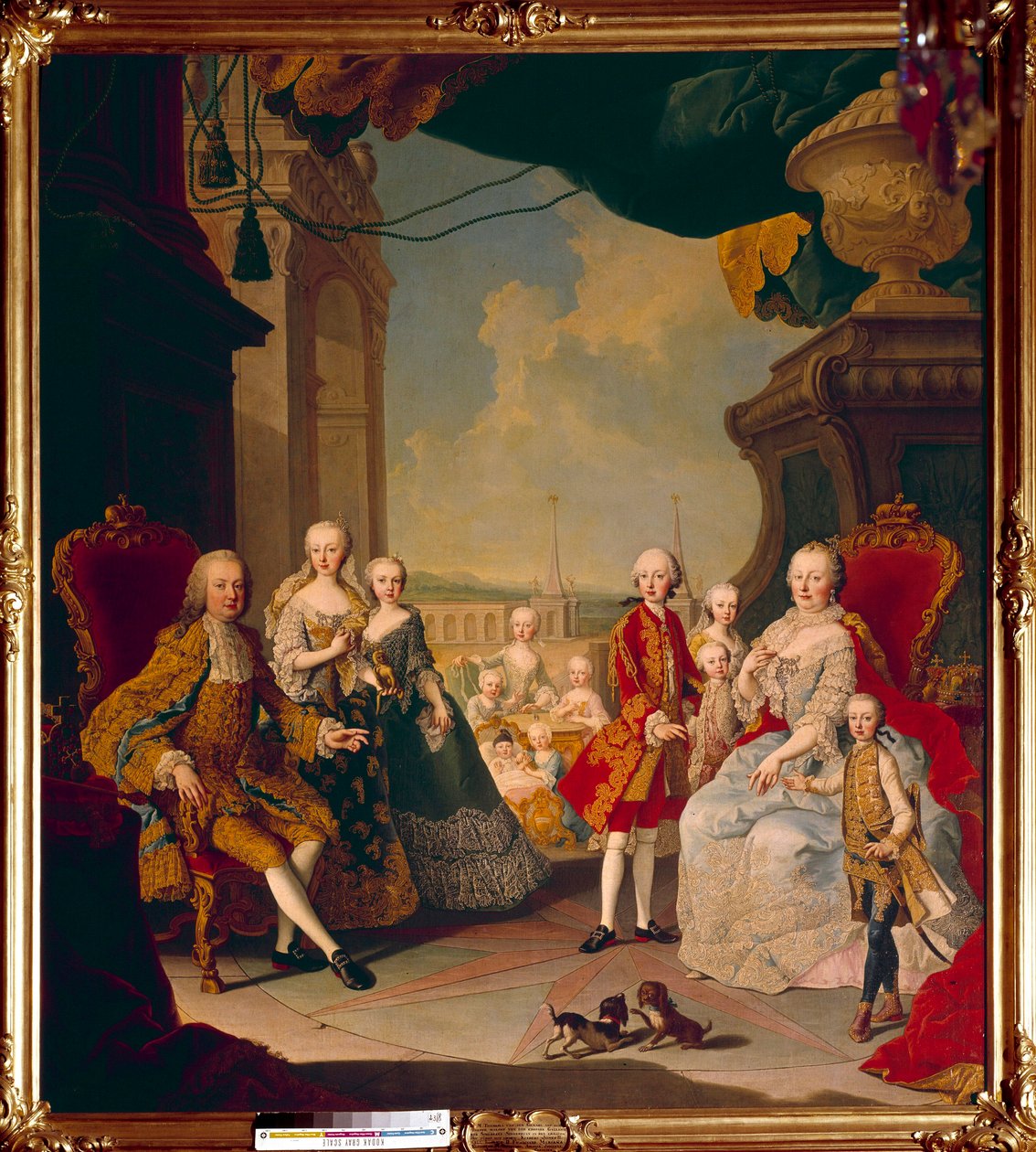 Francois I. Svaté říše (1708-1765) a jeho manželka Marie Therese Iere (1717-1780) se svými jedenácti dětmi na terase zámku Schonbrunn (nebo Schoenbrunn) Budoucí královna Marie Antoinetta pózuje v centru stále dítě. Malovat od Daniel (and Studio) (after) Mytens