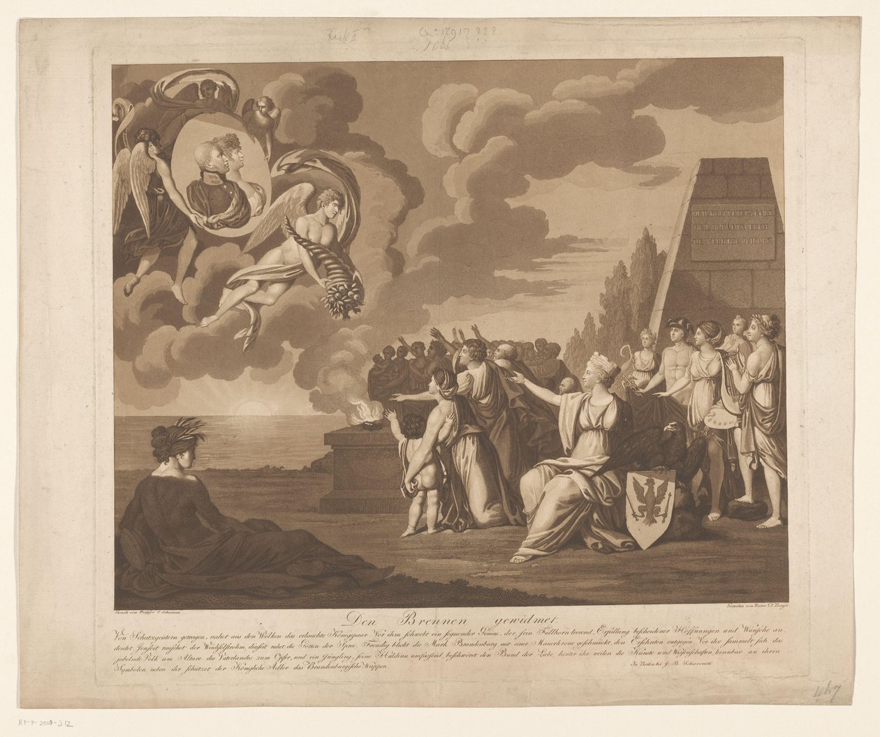 Alegorie sňatku (pravděpodobně) Fridricha Viléma III Pruského s Louise van Mecklenburg-Strelitz, 1793 Den Brennen Widmet (název na objektu) od Daniel Berger