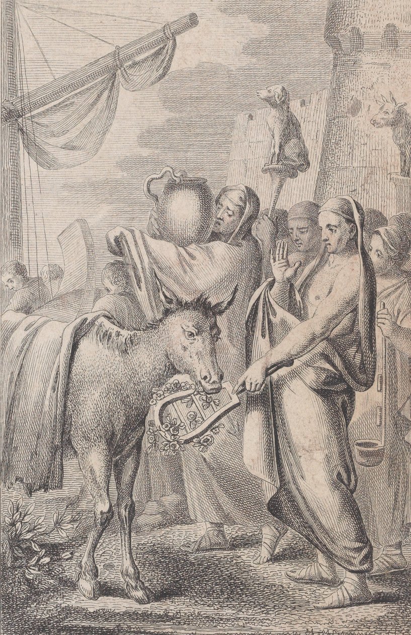 Postavy vpravo poblíž lodi, někteří drží zvířata nad hlavou, kůň vlevo, 1783 od Daniel Berger