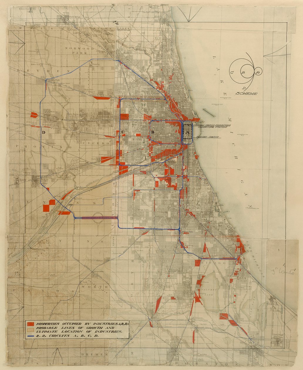 Plan of Chicago, Chicago, Illinois, Railroad Circuits Diagram, 1909. od Daniel Burnham