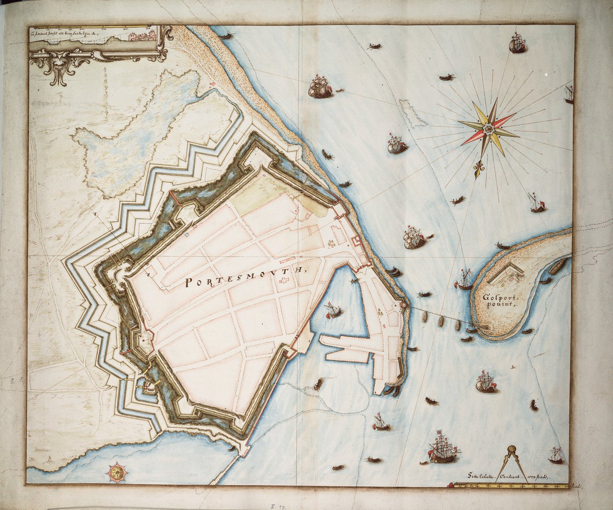 Mapa Portsmouthu, asi 1668 (plátno, papír) od Daniel Favreau de la Fabvolliere