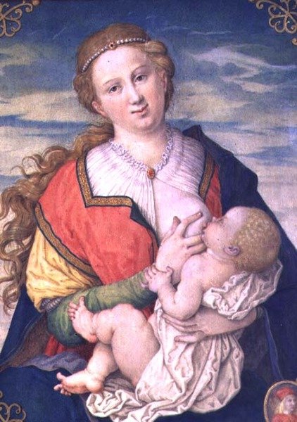Panna a dítě, 1600 podle kresby Albrechta Durera (1471-1528) (viz 70446) (wc na pergamenu umístěno na desce) od Daniel Froschl