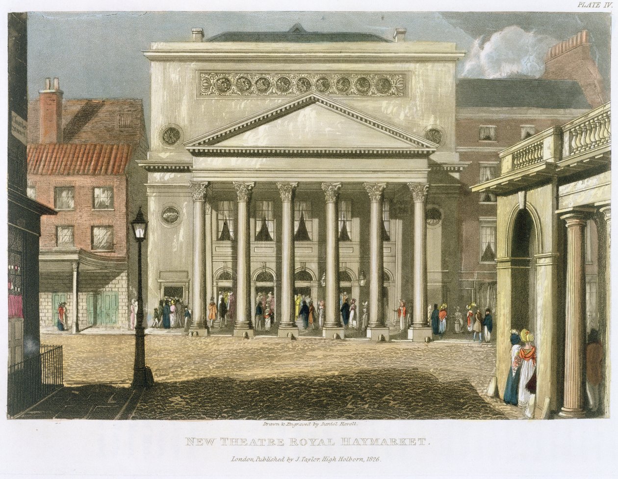 Nové divadlo Royal, Haymarket, v Londýně, navržené Johnem Nashem v roce 1821, 1826 od Daniel Havell