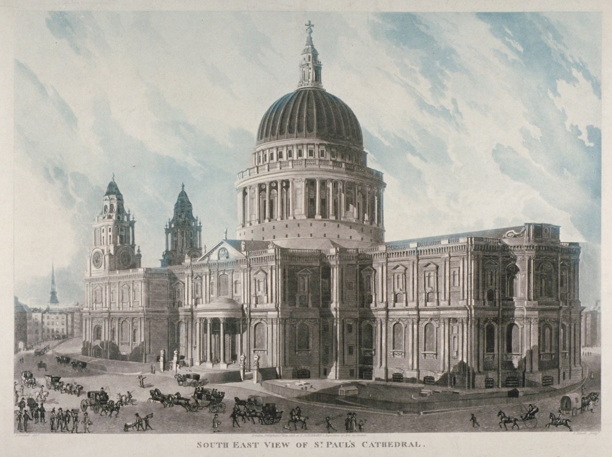 Jihovýchodní pohled na katedrálu svatého Pavla s postavami a kočáry venku, City of London, 1818 od Daniel Havell