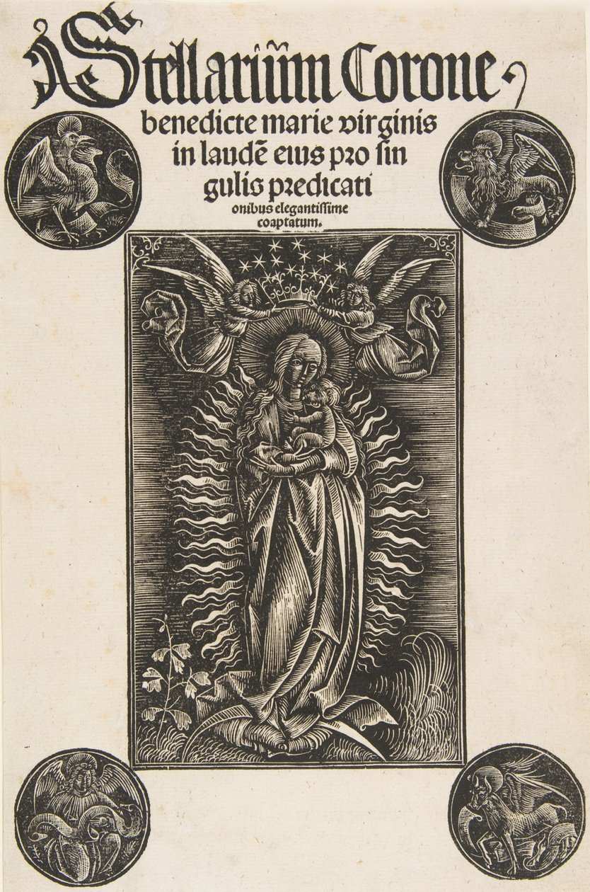Panna na půlměsíci, titulní list z Pelbartus de Temesvar: Stellarium corone Schr. 2869..., 1502. od Daniel Hopfer.