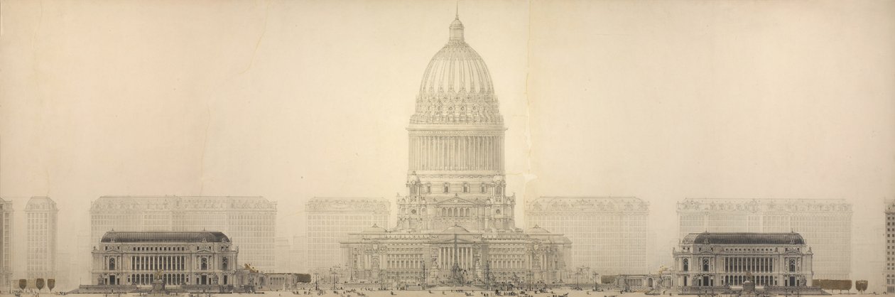 Deska 131 z Plánu Chicaga, 1909: Chicago. Elevation Showing the Group of Buildings Constituting the Proposed Civic Center (Výška zobrazující skupinu budov tvořících navrhované občanské centrum). od Daniel Hudson Burnham