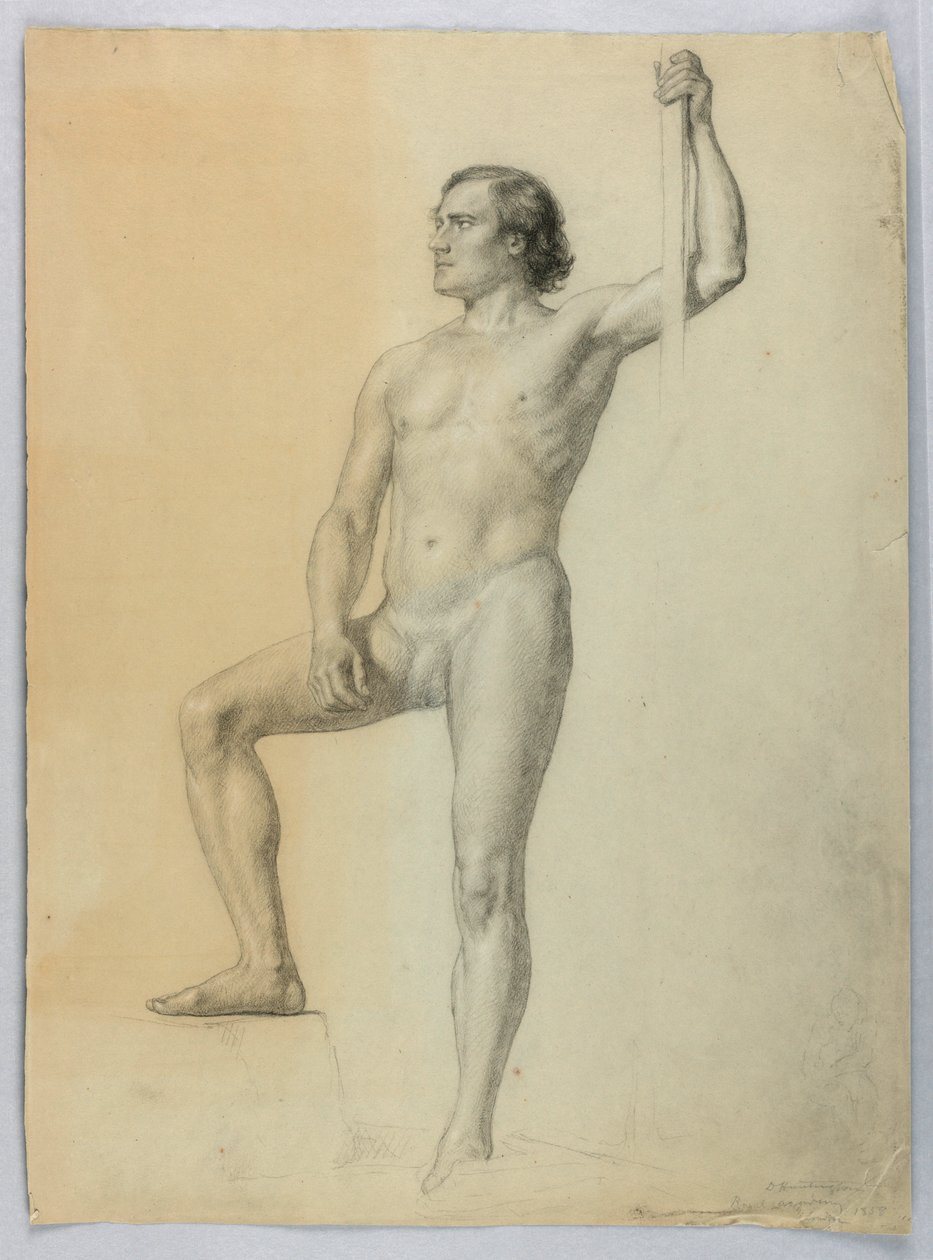 Kresba, Mužský akt s jednou nohou na schodech, 1858 od Daniel Huntington