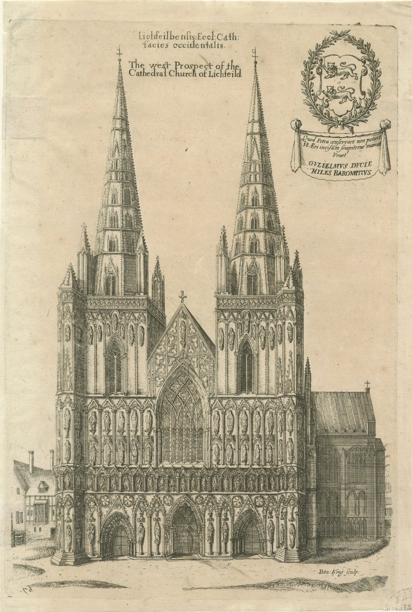 Lichfieldská katedrála – západní fronta: rytina a [? konec 17. století] od Daniel King