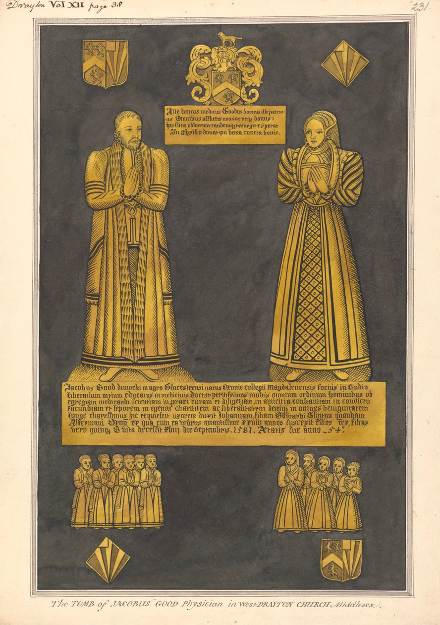 Mosazný talíř pro Dr. Jamese Goodea a jeho manželku Joan, dceru Edwarda Clintona, West Drayton Church od Daniel Lysons