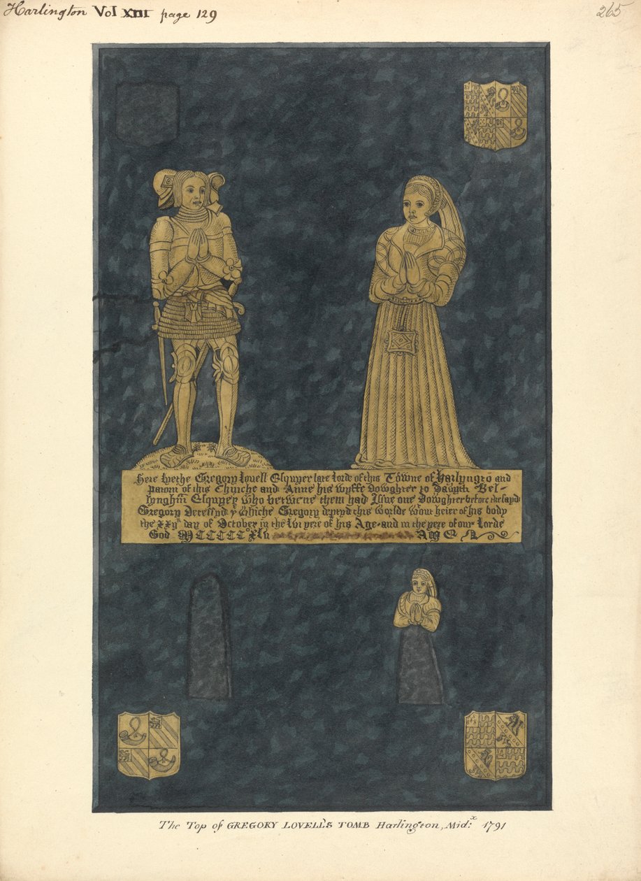 Mosazný talíř pro Gregoryho Lovella a jeho manželku Anne, dceru Davida Bellinghama, Harlington Church od Daniel Lysons