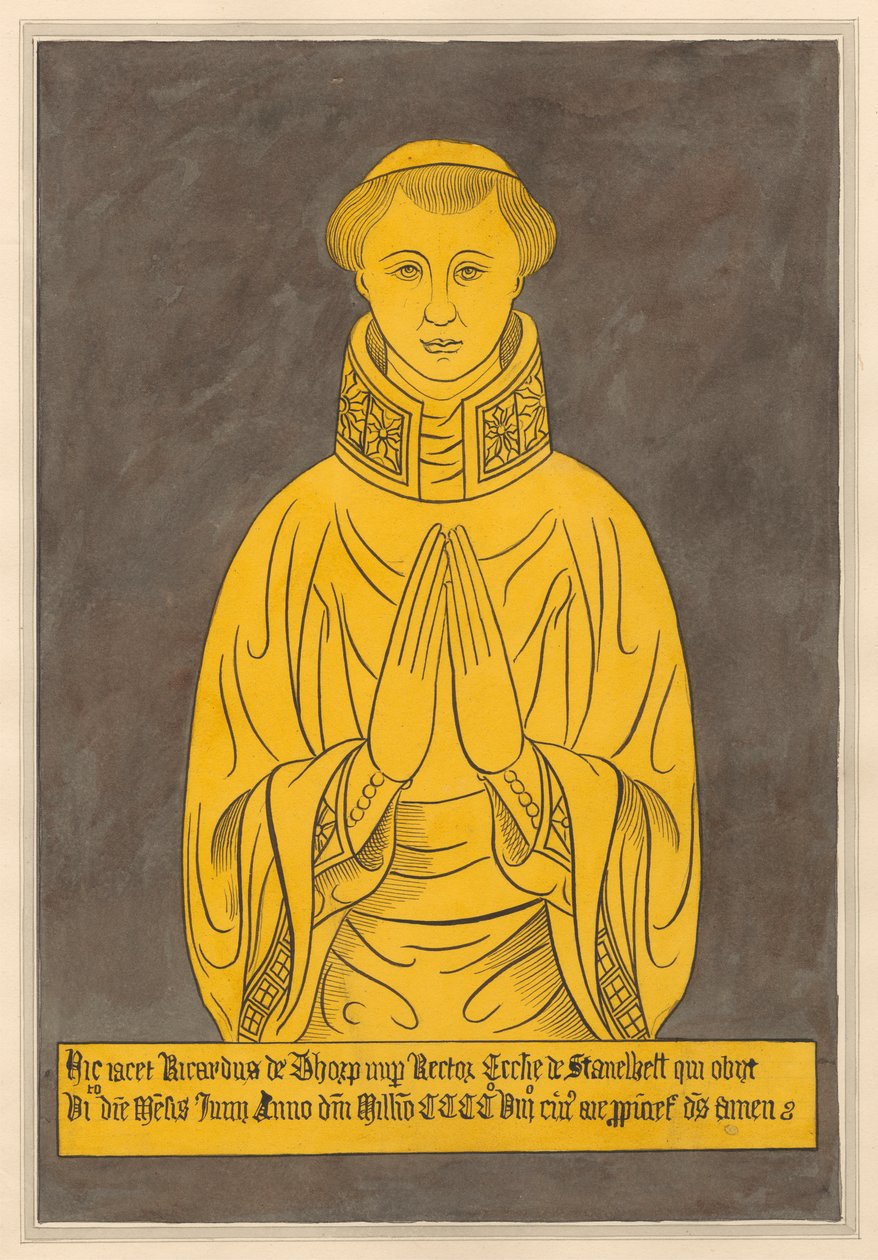 Mosazný talíř pro Richarda de Thorpa ze Stanwell Church od Daniel Lysons