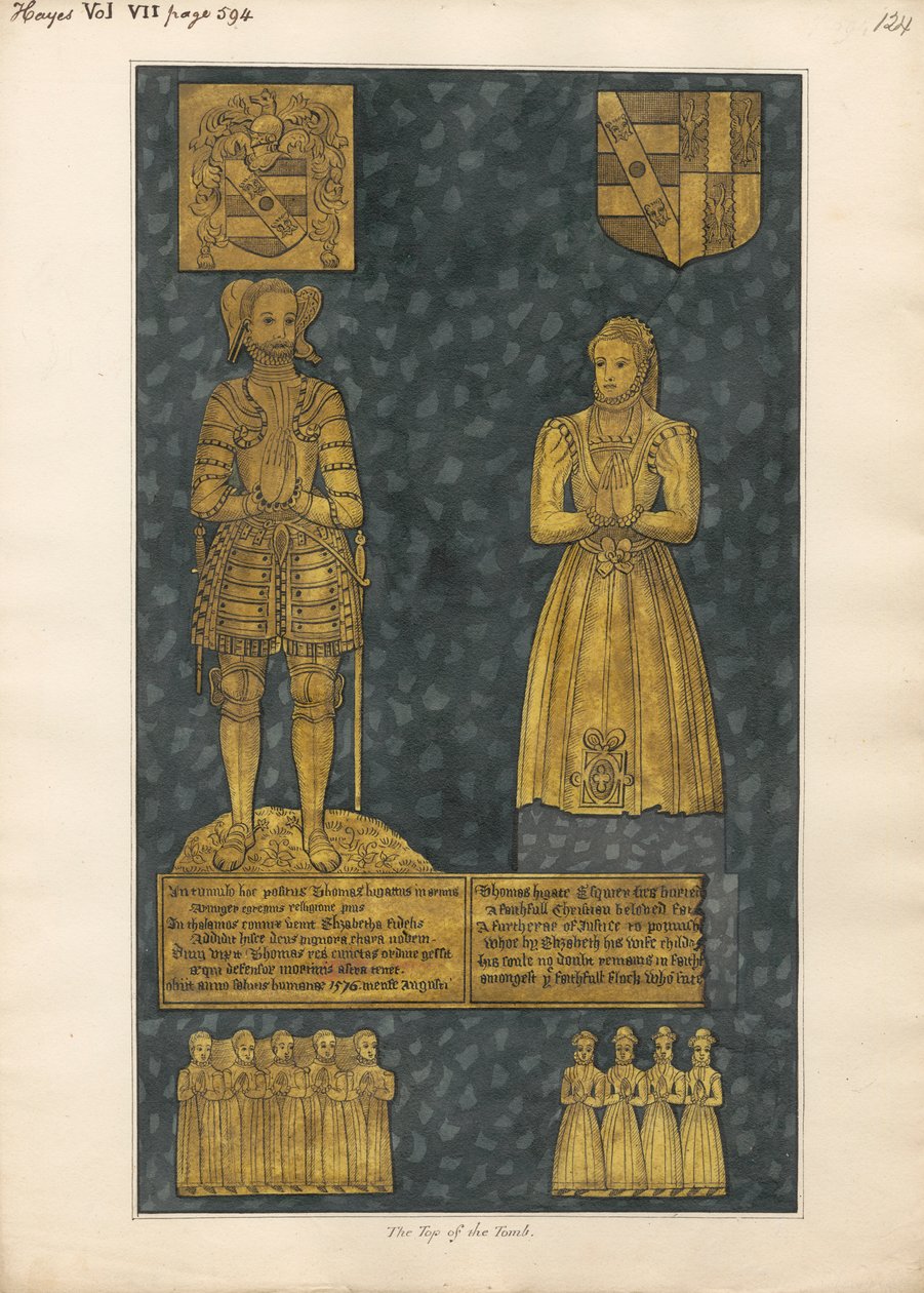 Mosazná deska na vrcholu hrobky Thomase a Elizabeth Higate z Hayes Church od Daniel Lysons