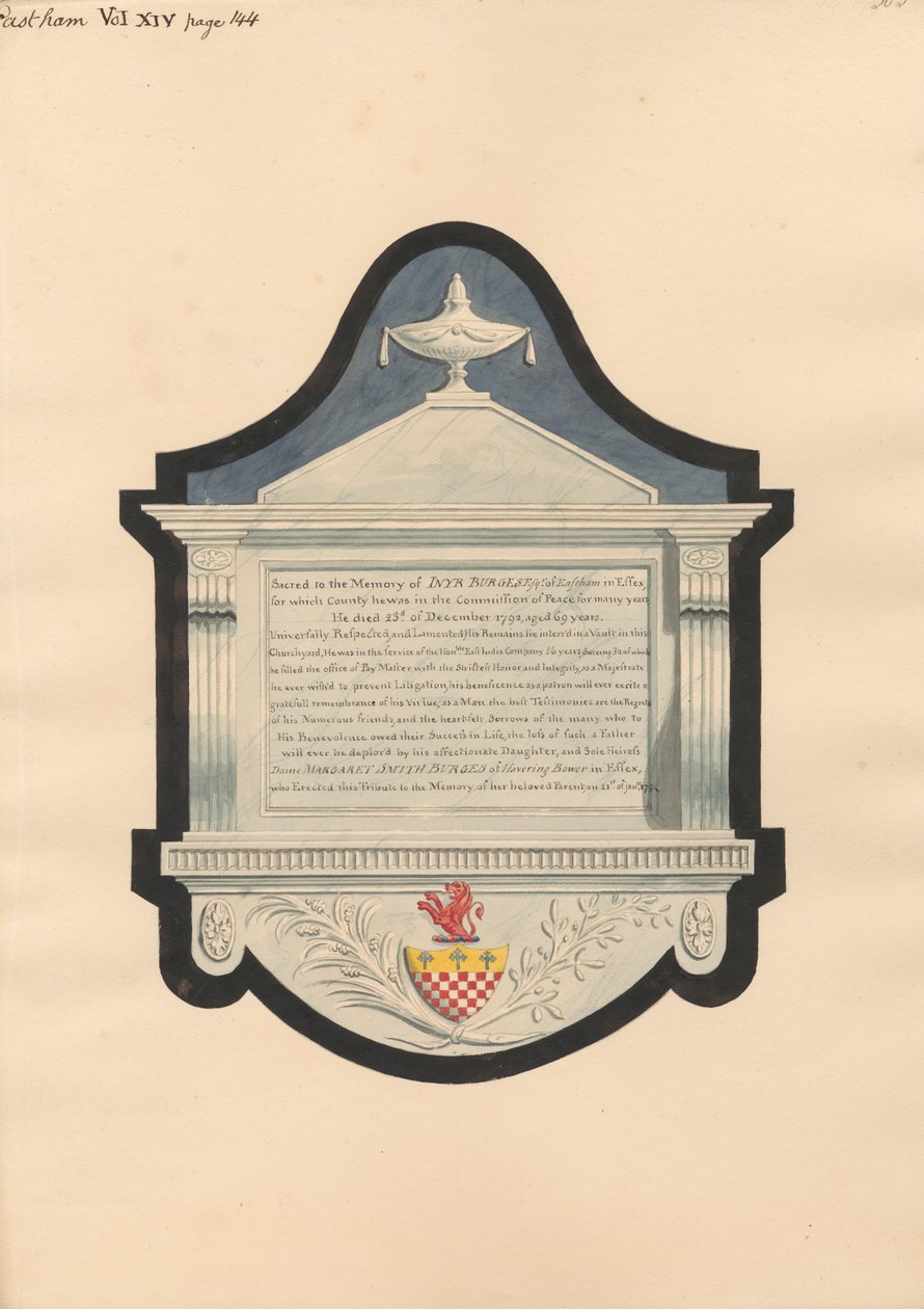 Památník Inyr Burgess, z East Ham Church od Daniel Lysons