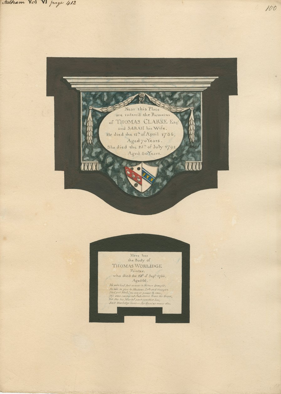 Památník Thomase Clarke a manželky Sarah a Thomas Worlidge z Fulham Church od Daniel Lysons