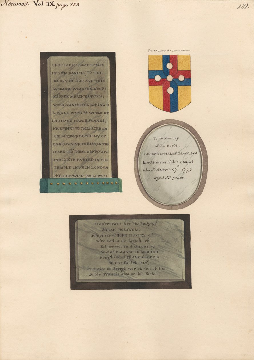 Památky Xpofera a Agnes Merick, George Charlese Blacka a Sarah Horsnell, Elizabeth Ascough a George Merick od Daniel Lysons