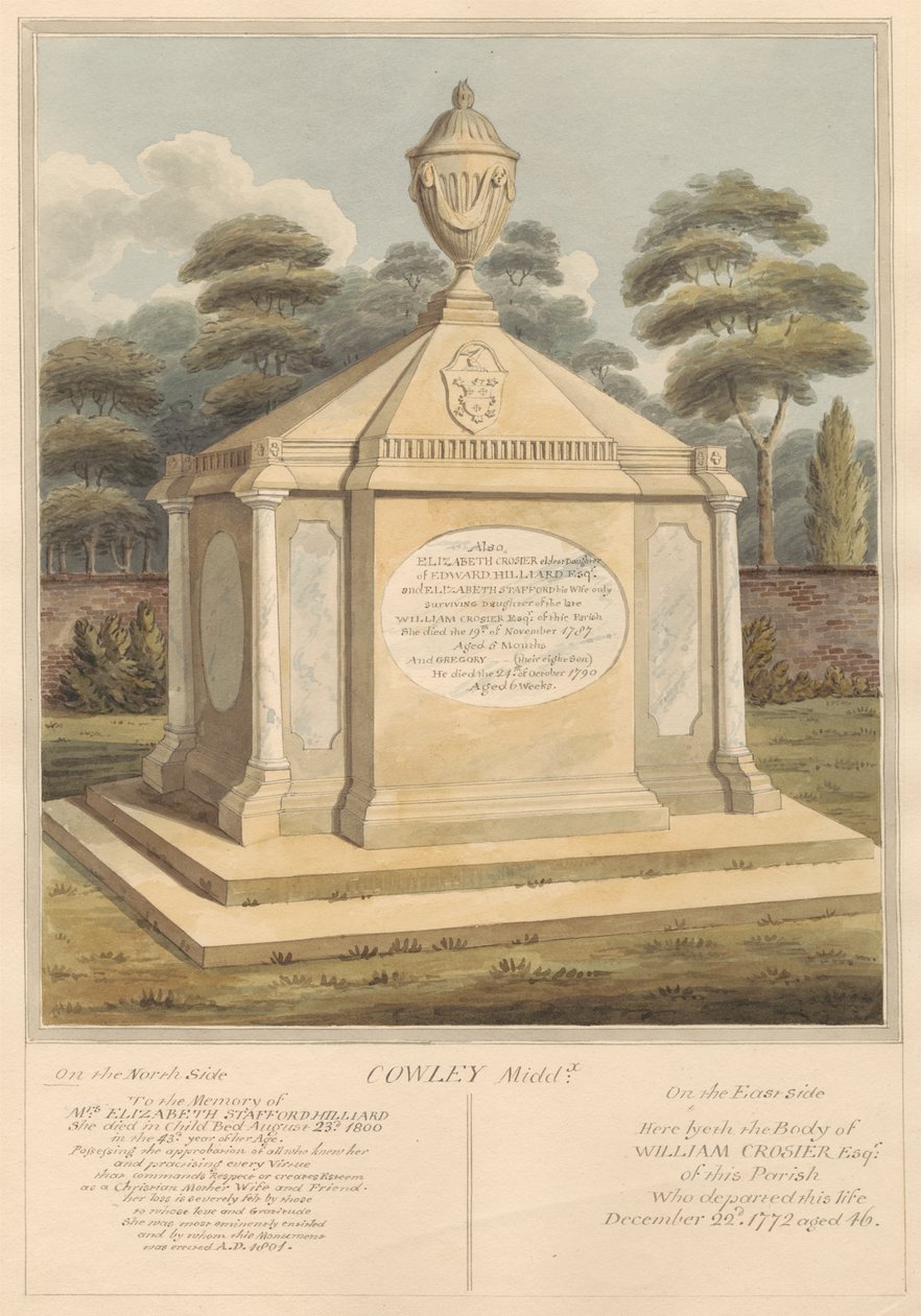 Hrob paní Elizabeth Stafford Hilliard, Elizabeth Grosier, Gregory Grosier a William Grosier od Daniel Lysons