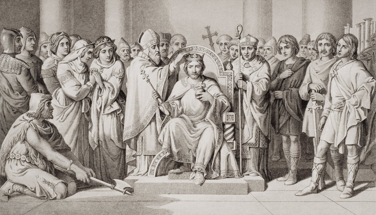 Korunovace Harolda II. (asi 1022–66) králem Anglosasů v roce 1066 n. l., z Ilustrace anglické a skotské historie od Daniel Maclise