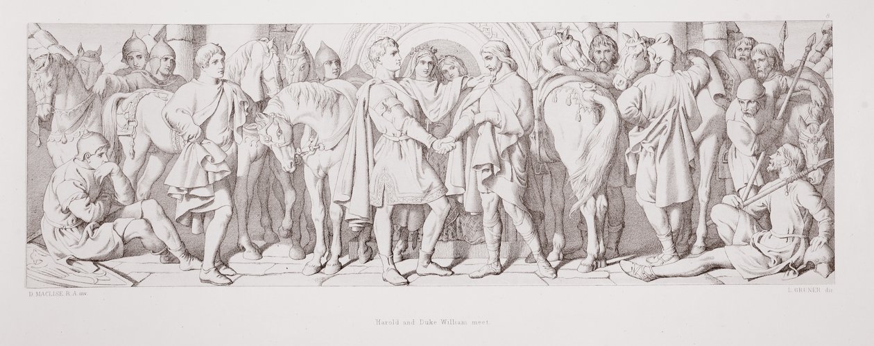Harold a Duke William se setkávají, z „Příběhu o dobytí Normanů“, vyryl L. Gruner, 1866 od Daniel Maclise