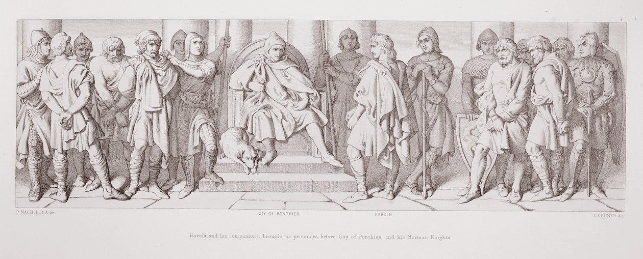 Harold a jeho společníci přivedení jako zajatci před Guye z Ponthieu a jeho normanské rytíře, z knihy "The Story of the Norman Conquest", vyryl L. Gruner, 1866. od Daniel Maclise