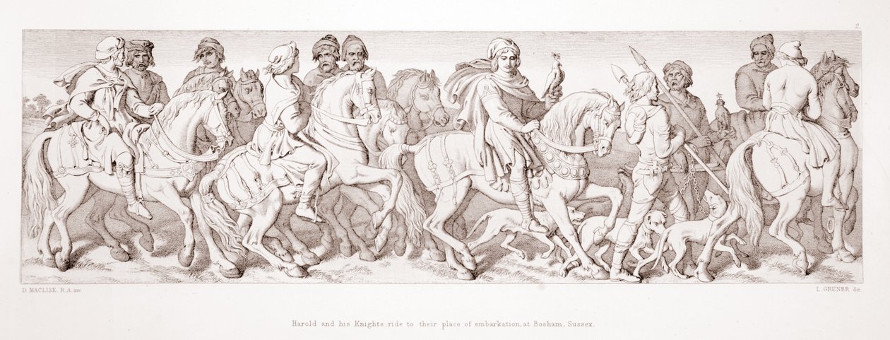 Harold a jeho rytíři jedou na místo nalodění, v Bosham, Sussex, z „Příběhu o dobytí Normanů“, vyryl L. Gruner, 1866 od Daniel Maclise