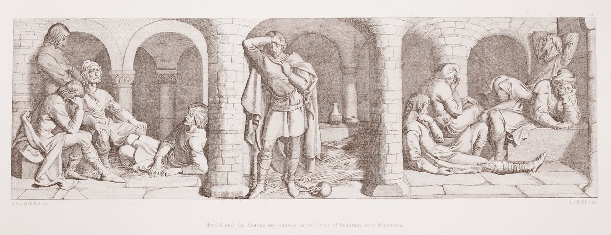 Harold a Sasové jsou uvězněni na hradě Beaurain u Montreuil, z knihy "Příběh normanského dobytí", rytina L. Grunera, 1866. od Daniel Maclise