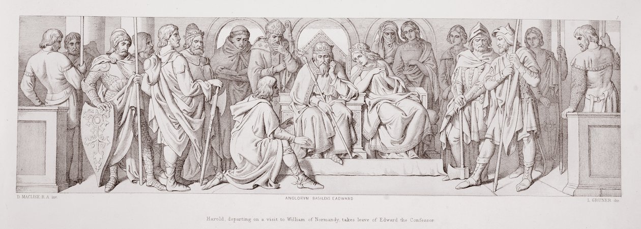 Harold, odjíždějící na návštěvu Viléma z Normandie, se loučí s Edwardem Vyznavačem, z „Příběhu o dobytí Normany“, vyryl L. Grunerem, 1866 od Daniel Maclise