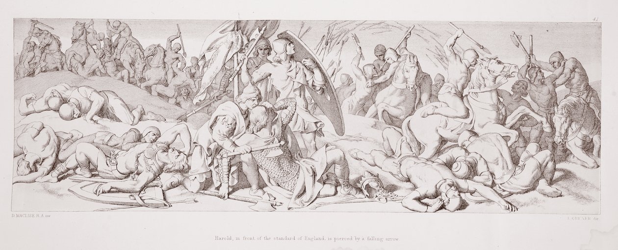 Harold, před Standard of England, je probodnut padajícím šípem, z „Příběhu normanského dobytí“, vyrytý L. Grunerem, 1866 od Daniel Maclise