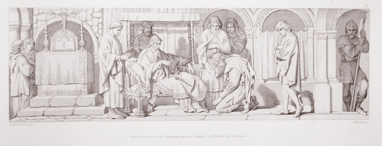 Harold, který se vrátil z Normandie, se představuje Edwardu Vyznavači z „Příběhu normanského dobytí“, vyryl L. Gruner, 1866 od Daniel Maclise