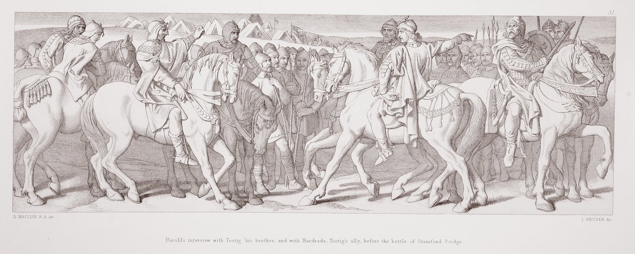 Haroldův rozhovor s Tostigem, jeho bratrem, a Hardradou, Tostigovým spojencem, před bitvou o Stamford Bridge, z „Příběhu o dobytí Normanů“, vyryl L. Gruner, 1866 od Daniel Maclise