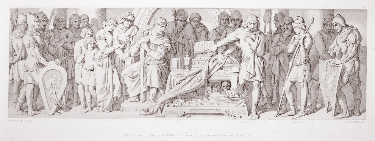 Haroldova přísaha věrnosti Vilémovi, složená nad ukrytými ostatky svatých, z knihy "The Story of the Norman Conquest", vyryl L. Gruner, 1866. od Daniel Maclise