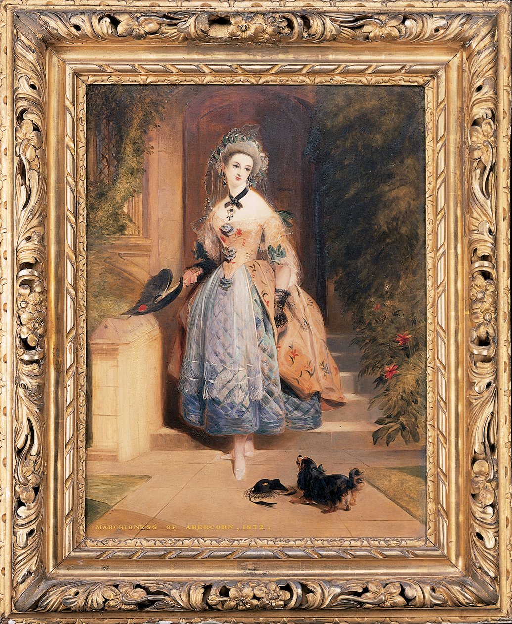 Portrét Louisy Jane, markýzy z Abercornu, malá celovečerní, v bohatě vyšívaných žlutomodrých šatech, u vchodu do domu, se španělem, 1832 od Daniel Maclise