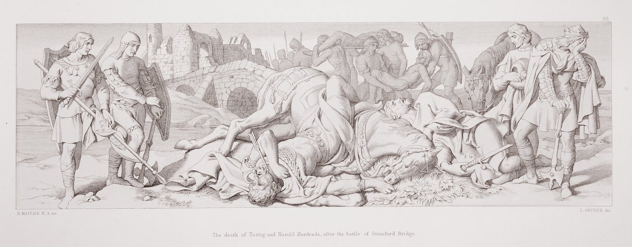 Smrt Tostiga a Harolda Hardrady po bitvě u Stamford Bridge, z „Příběhu dobytí Normanů“, vyryl L. Gruner, 1866 od Daniel Maclise