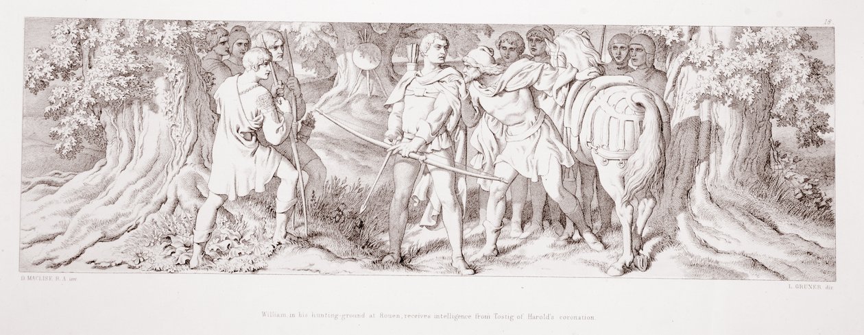 William ve svém lovišti v Rouenu získává informace od Tostiga z Haroldovy korunovace z „Příběhu o dobytí Normanů“, vyryl L. Gruner, 1866 od Daniel Maclise