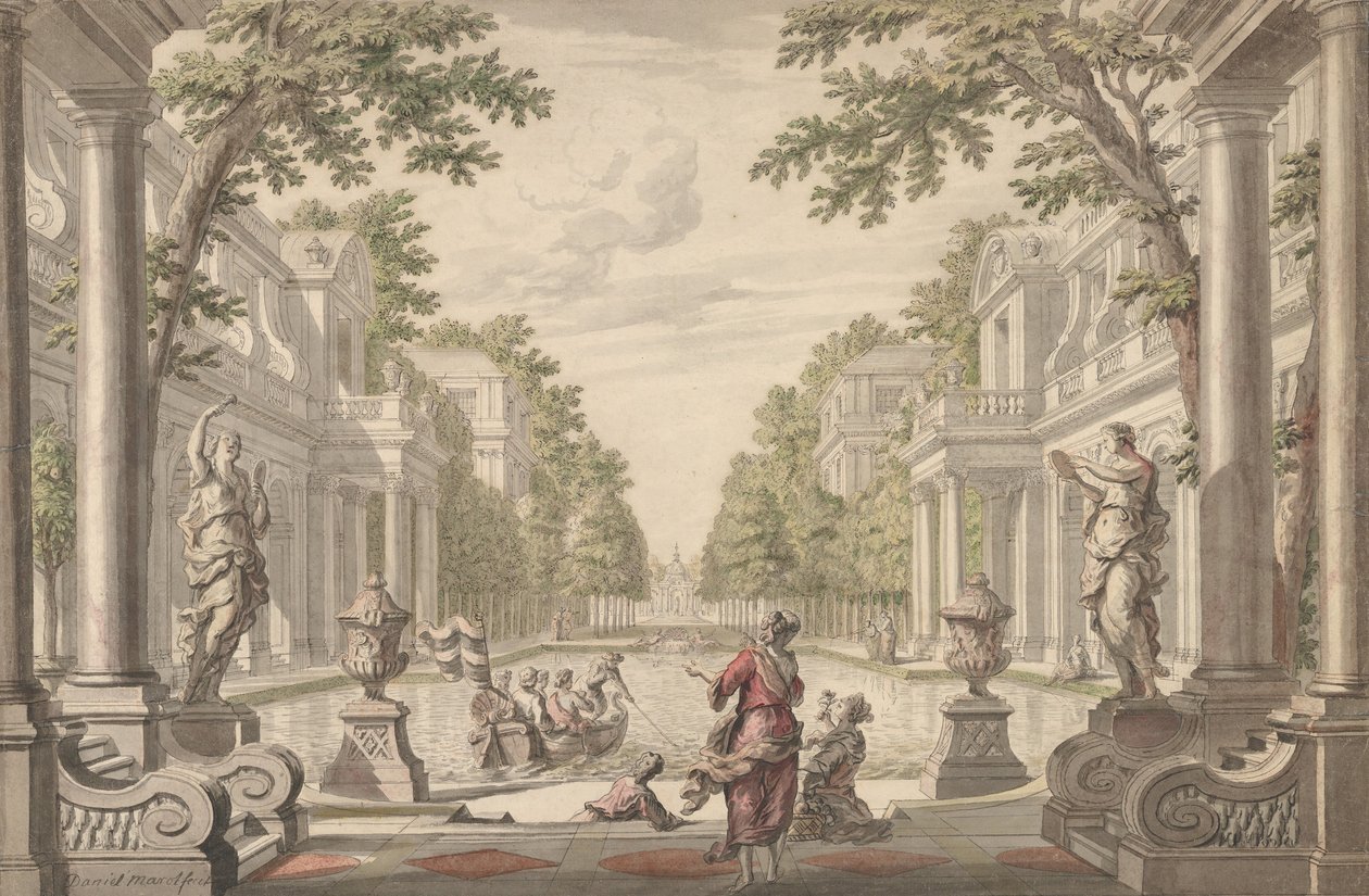 Pohled na palácovou zahradu s centrálním rybníkem obklopeným klasicistní architekturou..., ca. 1700-1720. od Daniel Marot