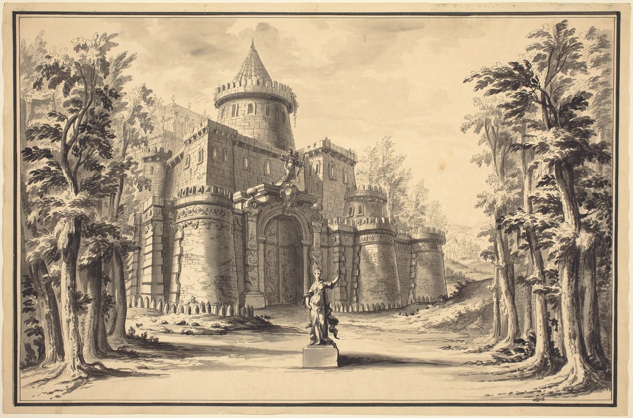 Scéna se sochou a palácem od Daniel Marot the Younger