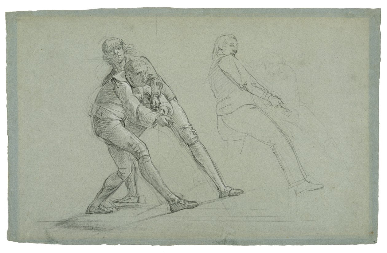 Studie k obléhání Gibraltaru (Studie figur táhnoucích na laně), 1785-1786 (černobílá křída na šedomodrém papíře) od Daniel Mytens